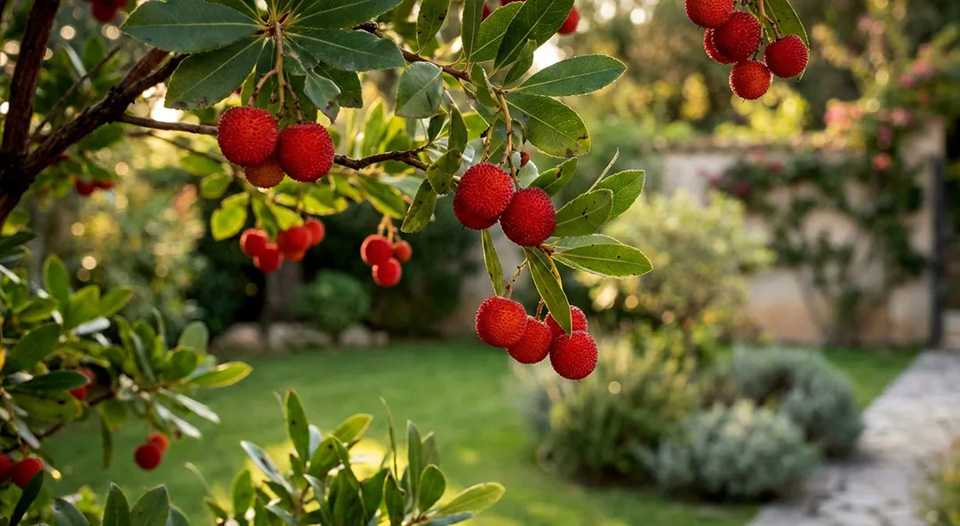 Arbutus unedo con frutos en el jardín Arbutus unedo con frutos en el jardín