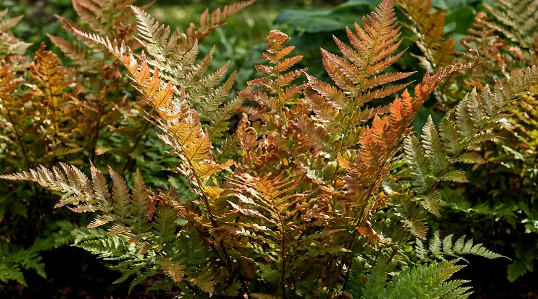 Helecho Dryopteris erythrosora en jardín