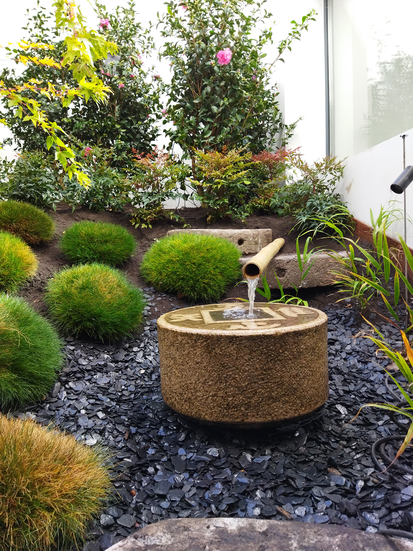 Detalle de agua, piedra y vegetación en jardín
