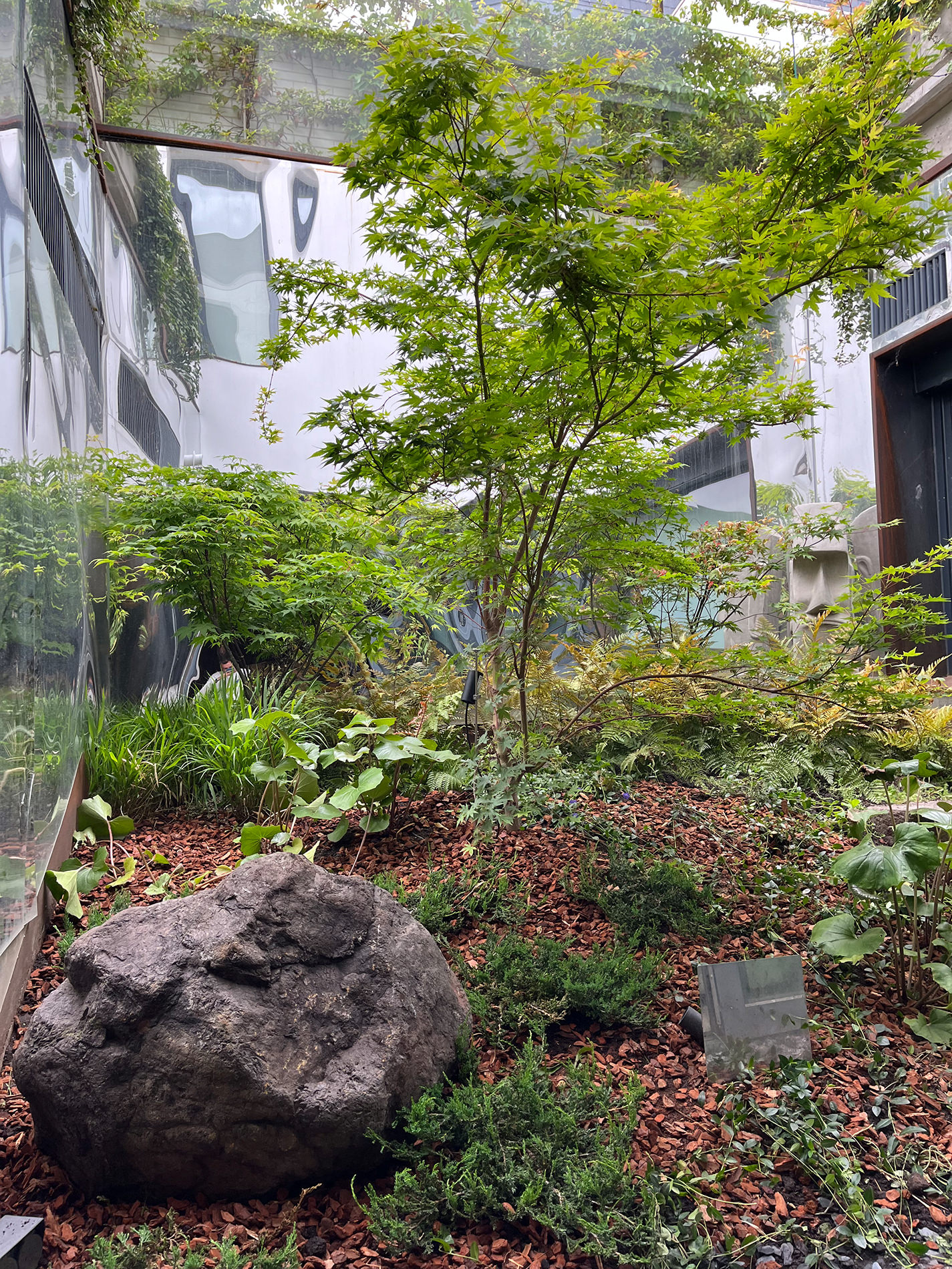 Detalle arquitectónico y vegetal en jardín de alto nivel